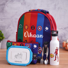 Load image into Gallery viewer, Reversible School Bag Combo Set | Reversible School Bag with Pouch Set | Reversible Bag with full combo set
