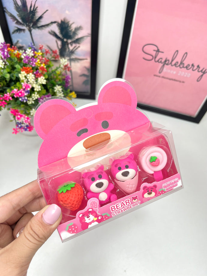 Strawberry Bear Eraser Set | cute bear eraser