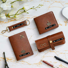 Load image into Gallery viewer, Customised 4 piece combo| Customised set for Men | Customised wallet passport cover specs case and keychain
